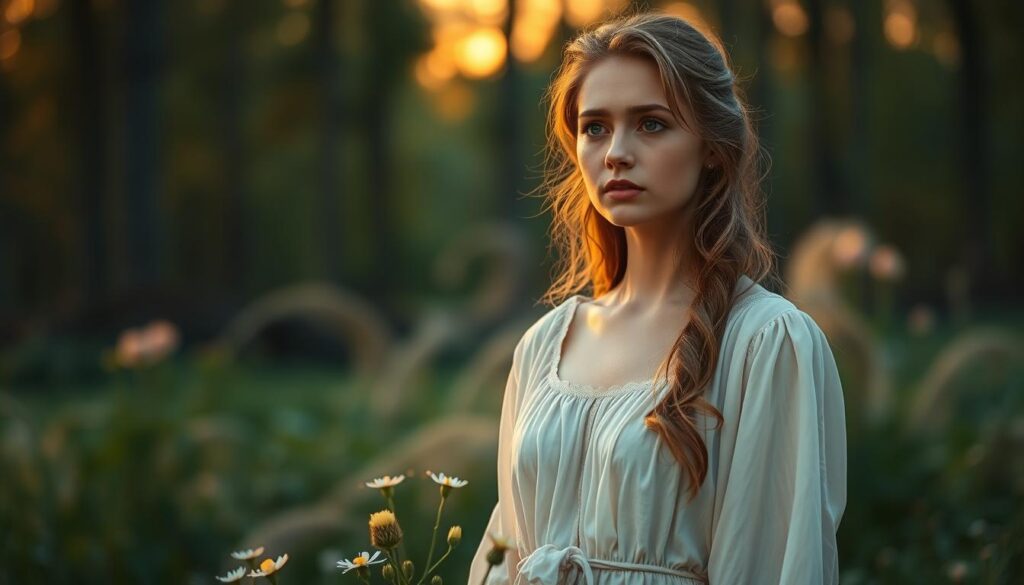 A serene scene depicting a beautiful Caucasian woman with an air of contemplation, standing in a softly lit forest glade. She has a gentle look on her face, symbolizing a mix of confusion and warmth, wearing modest, flowing attire in pastel colors. In the foreground, delicate flowers are blooming around her feet, with subtle sparkles of light that hint at magic. The middle ground features ethereal wisps of mist swirling around her, while the background shows softly blurred trees creating a dreamy atmosphere. The lighting is golden and soft, resembling an enchanting sunset, evoking feelings of both love and uncertainty. The composition should convey a moment of introspection, capturing the essence of being torn between love and the potential of a spell.