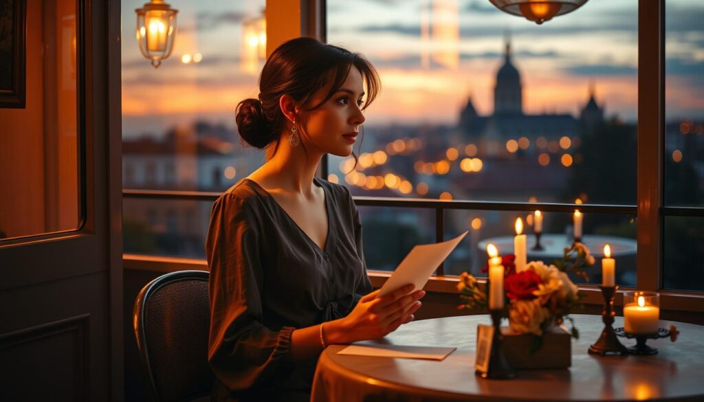 A serene scene depicting a beautiful, vintage-inspired café setting at dusk, with warm, golden lighting casting a soft glow. In the foreground, a thoughtful Caucasian woman, dressed in modest, stylish attire, gazes out the window with a hopeful expression, subtly holding a delicate love letter in her hand. The middle ground features a table adorned with flickering candles and fresh flowers, symbolizing love and longing. In the background, an enchanting, softly blurred view of a romantic cityscape under a twilight sky sets an emotional and nostalgic mood. The focus of the image conveys themes of hope and connection, inviting viewers to reflect on the boundaries and signals of love and desire.