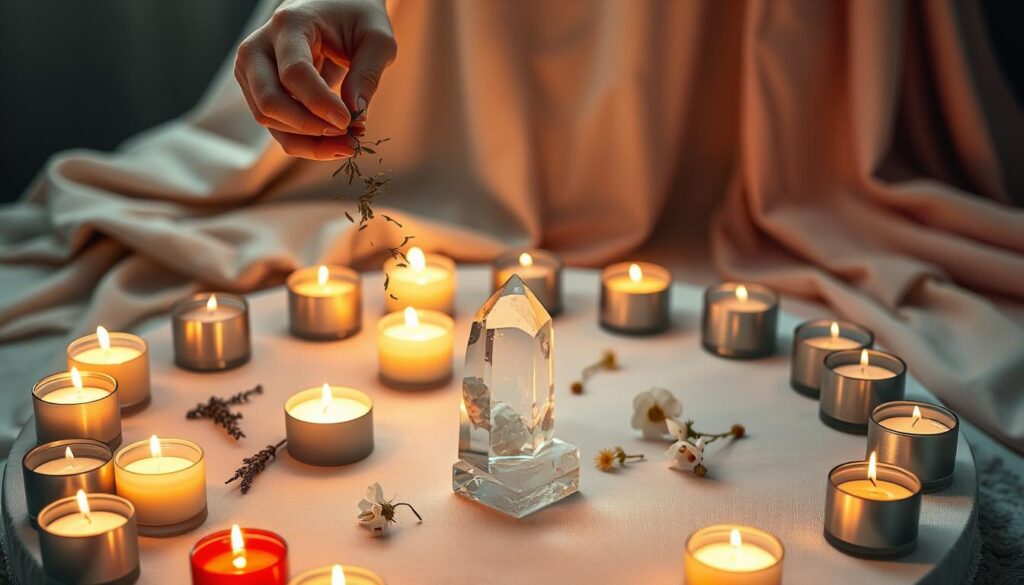 A serene scene depicting a circular table adorned with candles of various colors, symbolizing love and positivity. In the foreground, a pair of hands gracefully sprinkle herbs around the candles, showcasing the ritual's intentionality and mindfulness. The middle ground features glowing candle flames, casting a warm and inviting light, while softly illuminating a beautiful crystal and delicate flowers that represent purity and intention. In the background, an elegantly draped fabric adds texture, subtly blending soft pastel colors to evoke a calming atmosphere. The composition is shot from a slightly elevated angle to encapsulate the entire setup. The lighting is soft and warm, creating a peaceful mood that reflects safety, ethics, and respect within the context of ritual practices.