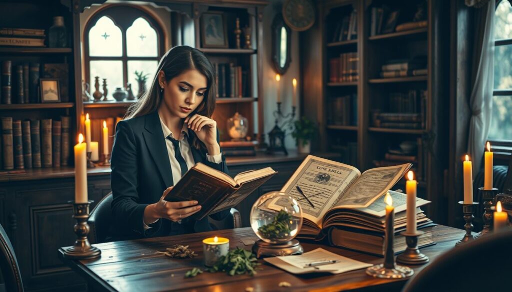 A serene scene depicting a cozy, softly-lit study room filled with mystical elements. In the foreground, a beautiful Caucasian woman dressed in professional business attire is thoughtfully examining a collection of ancient, leather-bound books on love spells, surrounded by candles casting warm, flickering light. The middle ground features a wooden table adorned with a crystal ball, herbs, and handwritten notes, symbolizing the exploration of love and its complexities. In the background, shelves lined with mystical artifacts and dusty tomes create an enchanting atmosphere. The overall mood is contemplative and inviting, with soft, warm lighting illuminating the space, emphasizing the theme of love and its intricacies in contemporary understanding.