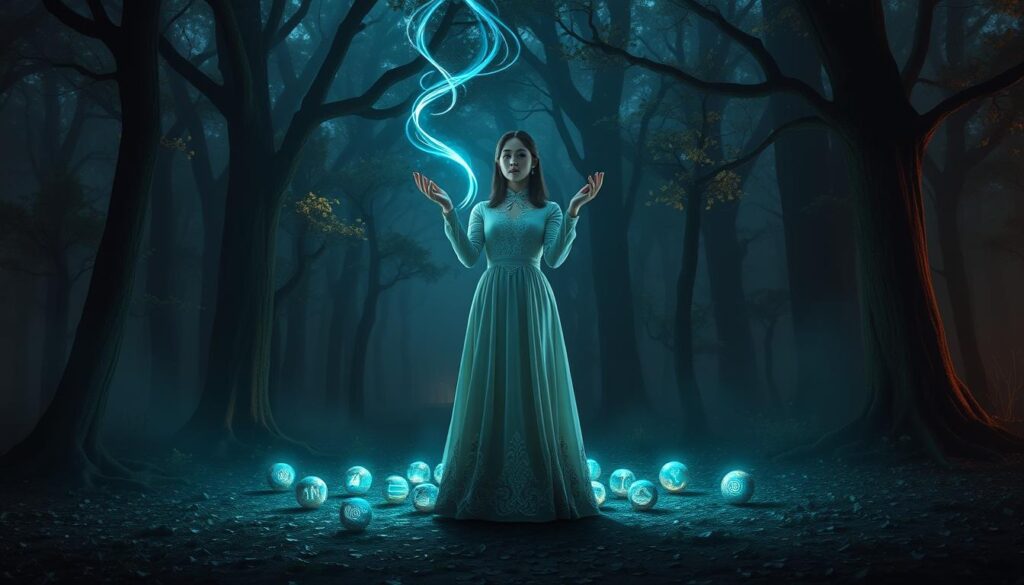 A serene scene depicting a female spellcaster performing a binding spell in a dimly lit forest glade. In the foreground, she stands confidently, wearing a flowing, elegant gown that reflects her connection to nature, with intricate floral patterns embroidered along the hem. Her hands are raised, channeling glowing, azure energy spiraling upward. In the middle ground, enchanted stones circle around her, resonating with magical symbols. Surrounding the scene, tall, ancient trees with luminescent leaves create a mystical atmosphere, casting soft shadows on the forest floor. The background is filled with a hazy mist, enhancing the ethereal quality of the spellcasting. The lighting is soft and moody, reminiscent of twilight, inviting an aura of introspection and growth. The perspective is slightly elevated, capturing the spellcaster amidst the natural beauty of her surroundings.