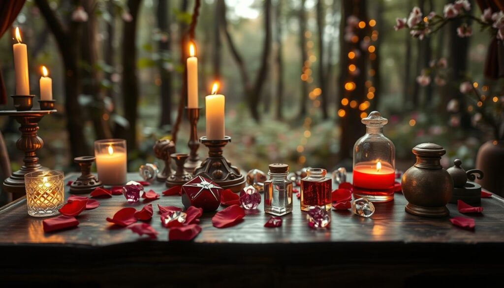 A serene scene depicting a mystical setting dedicated to love spells, centered around an ornate wooden table adorned with candles, crystals, and rose petals. In the foreground, a beautifully arranged love spell kit with shimmering pink and red stones, and delicate glass vials filled with colorful liquids. The middle ground features a gentle, ethereal light illuminating the scene, casting soft shadows and creating a warm glow. In the background, a dreamy forest setting emerges with soft focus, allowing hints of some flowering vines and twinkling fairy lights to create an enchanting atmosphere. The overall mood is romantic and inviting, capturing the essence of timing and intention, with no human figures present to maintain focus on the spell elements.