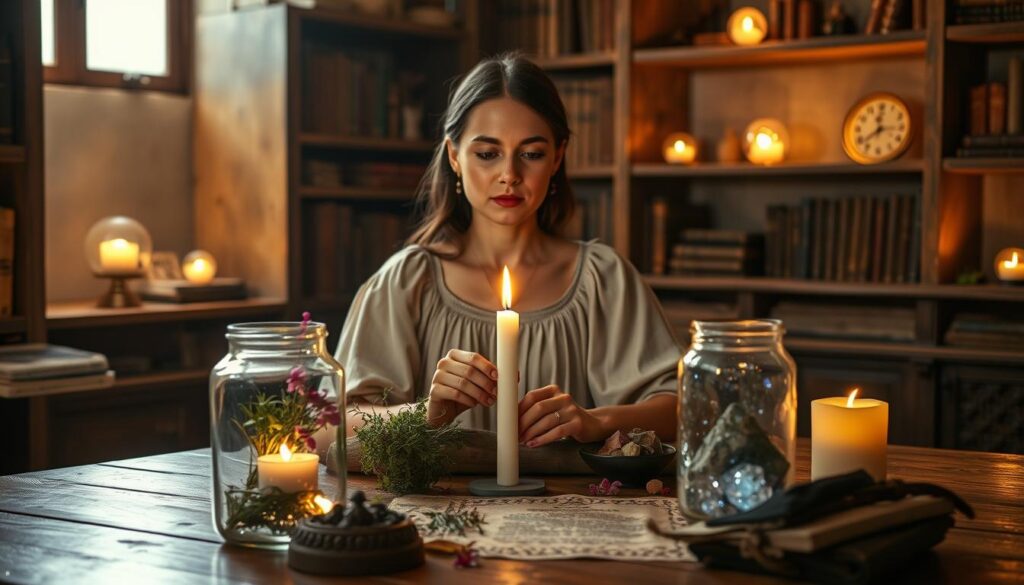 A serene scene depicting a mystical spell preparation for love. In the foreground, a beautiful Caucasian woman sits at a wooden table, wearing a modest, flowing dress, carefully arranging vibrant herbs and candles. Her expression is focused and hopeful as she lights a candle with a soft flame. In the middle ground, a glass jar filled with shimmering crystals catches the light, symbolizing enchantment. The background features a softly lit room adorned with shelves of ancient books and glowing orbs, creating an intimate, magical atmosphere. Warm, golden lighting casts gentle shadows, enhancing the mood of longing and hope. The composition invites the viewer to contemplate the process of rekindling a past love. A serene scene depicting a mystical spell preparation for love. In the foreground, a beautiful Caucasian woman sits at a wooden table, wearing a modest, flowing dress, carefully arranging vibrant herbs and candles. Her expression is focused and hopeful as she lights a candle with a soft flame. In the middle ground, a glass jar filled with shimmering crystals catches the light, symbolizing enchantment. The background features a softly lit room adorned with shelves of ancient books and glowing orbs, creating an intimate, magical atmosphere. Warm, golden lighting casts gentle shadows, enhancing the mood of longing and hope. The composition invites the viewer to contemplate the process of rekindling a past love.