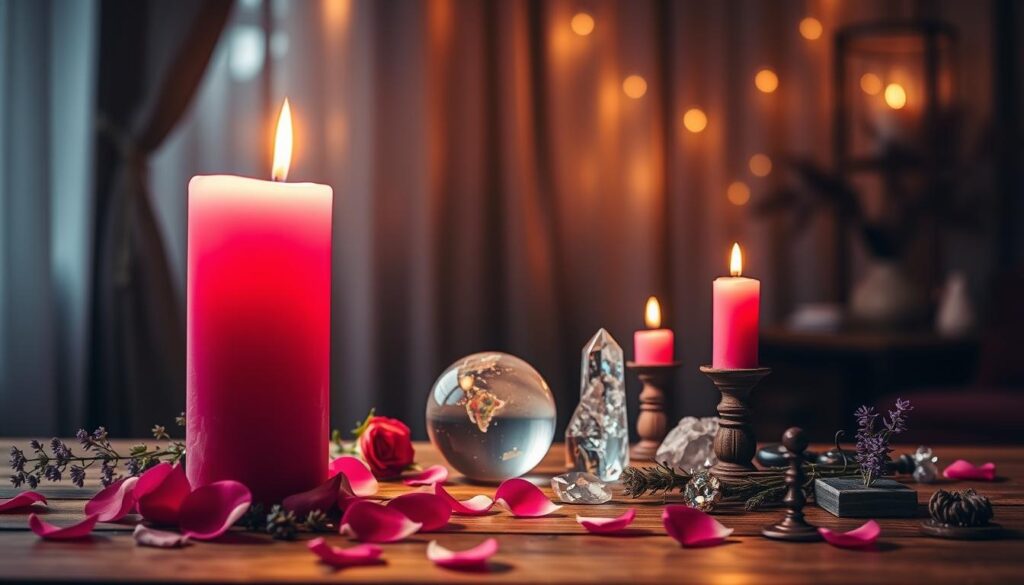 A serene scene depicting a pink candle ritual for a love spell. In the foreground, a beautifully lit, vibrant pink candle stands tall on a wooden altar, surrounded by delicate rose petals and fragrant herbs like lavender and chamomile. Soft, flickering flames cast a warm glow, creating dancing shadows. In the middle, an array of crystals glitter softly in the candlelight, with a crystal ball subtly reflecting the light. The background features a moody, softly blurred setting of a cozy room with draped curtains that filter in soft, ambient light, evoking a mystical atmosphere. The overall image should convey a sense of calmness and enchantment, perfect for illustrating a beginner-friendly love spell.
