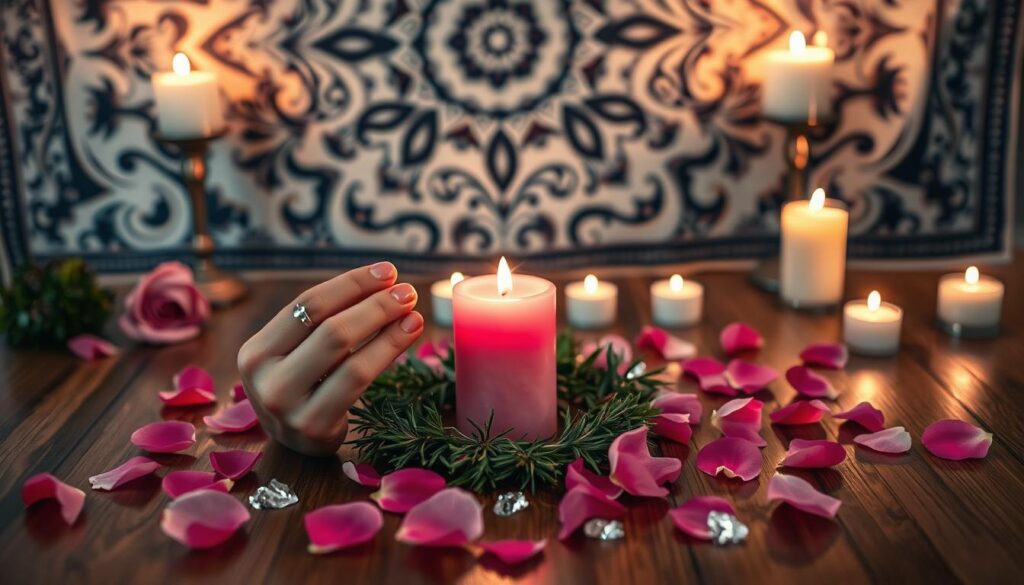 A serene scene depicting a pink candle ritual set on a wooden table, with a softly glowing pink candle at the center, surrounded by delicate rose petals and shimmering crystals. In the foreground, a pair of graceful hands, adorned with simple silver rings, gently holds the candle, with flickering flames casting a warm light. The middle ground features a neatly arranged circle of herbs and additional candles, enhancing the magical atmosphere. In the background, a softly blurred mystical tapestry adds depth and intrigue, while the warm ambient lighting creates a tranquil mood. The overall composition conveys a sense of romance and gentleness, ideal for a beginner-friendly love spell.
