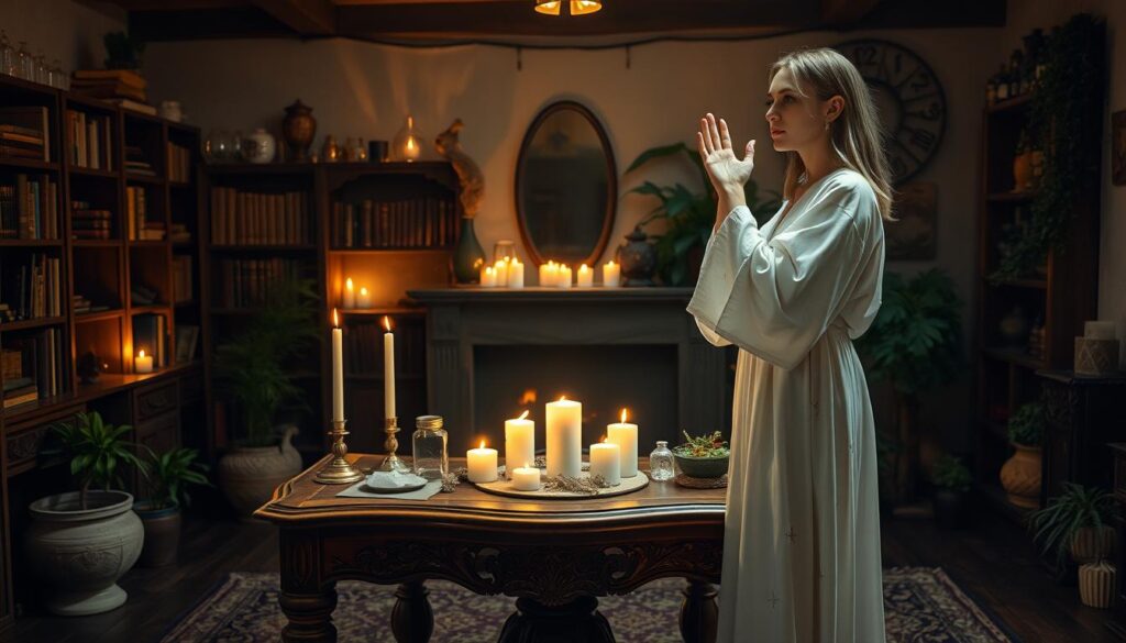 A serene scene depicting a protection spell being cast in a softly lit room. In the foreground, a beautiful Caucasian woman, dressed in modest, flowing white robes adorned with subtle magical symbols, stands with her hands lifted, surrounded by a soft, shimmering light. In the middle ground, an ornate wooden table is covered with candles, crystals, and herbs, each radiating a gentle glow. The background features a cozy, dimly lit space filled with bookshelves, mystical artifacts, and potted plants, creating an inviting atmosphere. The lighting should be warm and ethereal, emphasizing the magical essence of the ritual, while soft shadows add depth. The overall mood is calm and enchanting, inspiring a sense of safety and tranquility.
