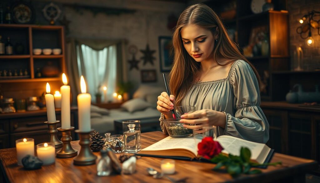 A serene scene depicting a witch casting a love spell at home. In the foreground, a beautiful Caucasian woman with long flowing hair, dressed in a modest, elegant dress, stands at a small wooden table, focused on mixing herbs in a delicate glass bowl. Soft candlelight casts a warm glow, illuminating her intent expression. In the middle ground, various mystical items are carefully arranged: crystals, an open spell book, and a sprig of fresh roses, representing love. The background features a cozy, dimly lit room adorned with shelves of potions and mystical symbols, adding to the enchanting atmosphere. The overall mood is one of calm concentration and magical anticipation, with a shallow depth of field to highlight the witch and her spell-casting process.