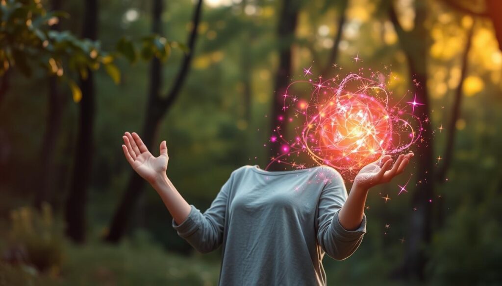 A serene scene depicting an enchanting energy shift related to love spells. In the foreground, a beautiful Caucasian woman in modest casual clothing, deeply focused, stands with her hands raised, channeling radiant, shimmering light particles around her, symbolizing the power of intention. The middle layer features an ethereal aura of vibrant colors—soft pinks, purples, and golds—swirling around her, creating a sense of immediate energy transformation. The background features a mystical, softly lit forest glade, where faint sparkles of magic intertwine with the lush greenery, enhancing the intimate ambiance. The lighting is warm and inviting, reminiscent of a golden hour glow, casting gentle shadows and highlighting the peaceful yet powerful atmosphere of love and intention. The image conveys hope, serenity, and the promise of true love.