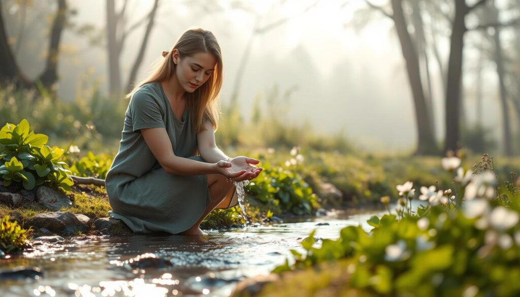 A serene scene depicting cleansing for spiritual preparation; in the foreground, a beautiful Caucasian woman in modest casual clothing is kneeling beside a small, tranquil stream, her hands gently splashing water as sparkling droplets catch the sunlight. The middle ground features lush green plants and delicate flowers, symbolizing renewal and growth, with soft light filtering through the trees, casting dappled shadows on the ground. In the background, a gentle, misty forest fades into soft focus, creating a sense of calm and spirituality. The overall atmosphere is peaceful and restorative, evoking feelings of purity and clarity, with warm tones and gentle lighting to enhance the enchanting mood.
