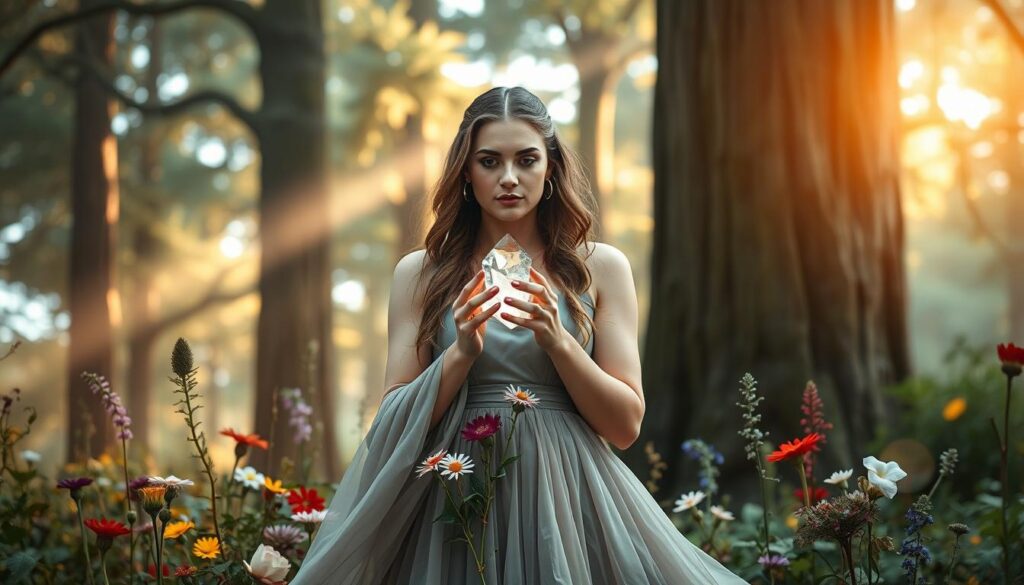 A serene scene depicting ethical love magic in a mystical forest setting. In the foreground, a beautifully dressed Caucasian woman, wearing a flowing, elegant gown, gently holds a glowing crystal in her hands, symbolizing intention and free will. Her expression radiates compassion and mindfulness. In the middle, a soft cascade of colorful flowers and herbs surround her, each plant representing different aspects of love, such as respect, nurturing, and friendship. The background features tall, ancient trees with ethereal light filtering through their leaves, creating a magical, ambient glow. The overall mood is peaceful and inviting, with warm tones emphasizing the positive energies of love. The image is captured with a soft-focus lens to enhance the dreamlike quality, aiming for a harmonious balance between nature and the magic of intention.