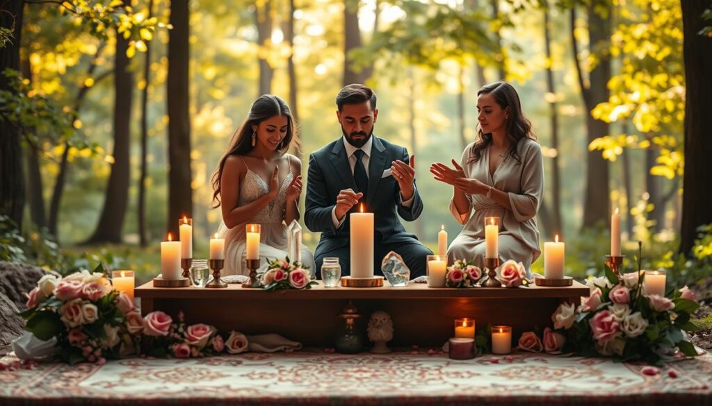 A serene scene depicting ethical love magick. In the foreground, a beautifully adorned altar with glowing candles, crystals, and blooming roses symbolizes harmony and intention. Sitting at the altar is a group of three diverse, beautifully dressed figures – a Caucasian woman in a flowing gown, a Caucasian man in a tailored suit, and another woman in a stylish blouse and skirt. They appear focused and serene as they engage in a ritual involving gentle gestures, showcasing their deep connection. The middle ground features a rich tapestry of soft pastel colors, enhancing the atmosphere of peace and love. In the background, a tranquil forest setting bathed in warm sunlight filters through the leaves, forming a soft bokeh effect to evoke a magical and inviting ambiance.