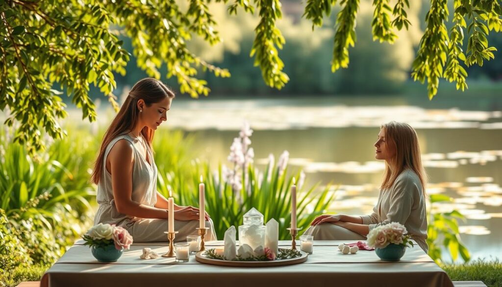 A serene scene depicting ethical love rituals in a tranquil garden setting. In the foreground, a beautifully arranged table with candles, crystals, and fresh flowers, symbolizing harmony and intention. Two figures of beautiful Caucasian descent in modest casual clothing, thoughtfully engaged in the ritual, their expressions showing care and focus. In the middle ground, lush green foliage swaying gently, enhancing the peaceful atmosphere, while soft sunlight filters through, casting gentle shadows. The background features a serene pond, reflecting the sky, adding to the ethereal quality of the scene. The overall mood is calm, spiritual, and inviting, emphasizing safety, ethics, and realistic expectations in love intentions.
