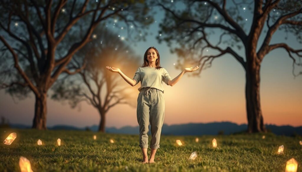 A serene scene depicting grounding and shielding love in a mystical setting. In the foreground, a beautiful Caucasian woman in modest casual attire stands barefoot on soft green grass, surrounded by glowing crystals symbolizing grounding energy. Her arms are extended, palms facing upward, emanating a warm golden light that represents shielding love. In the middle ground, softly blurred trees create an intimate and protective atmosphere, while delicate vines weave through the branches, hinting at nature’s embrace. The background features a tranquil twilight sky filled with stars, casting a gentle, ethereal glow over the scene. The composition is framed to emphasize the peaceful connection between the woman and her environment, with natural lighting highlighting her expression of calm focus, evoking a sense of safety and affection.