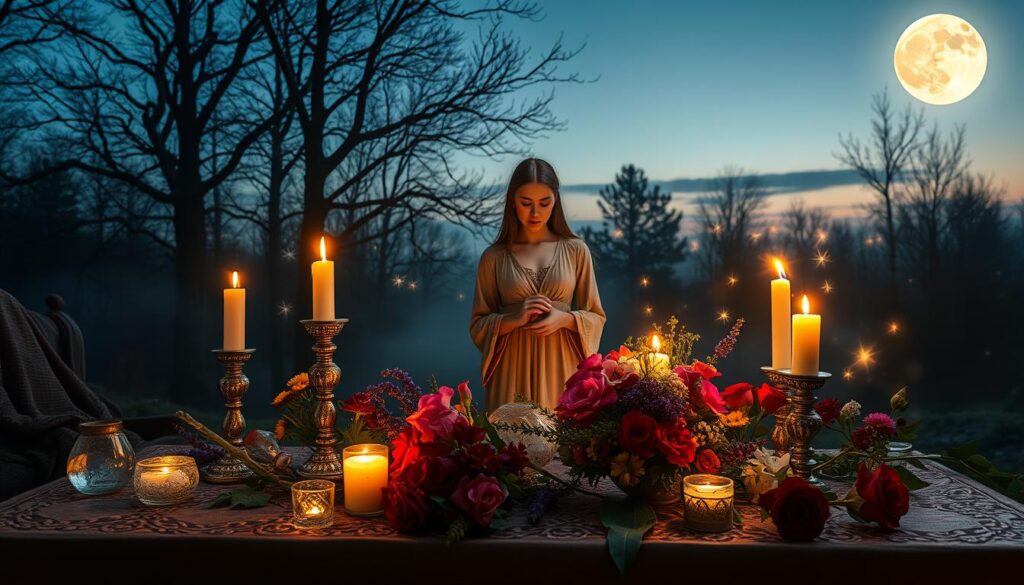A serene scene depicting love magic in a mystical setting. In the foreground, a beautifully adorned table is set up with shimmering crystals, vibrant candles, and colorful flowers, exuding warmth and enchantment. In the middle ground, a figure dressed in elegant, modest attire, with a soft expression, performs a gentle ritual, surrounded by swirling sparkles and faint, glowing orbs representing emotions and intentions. The background features a twilight sky, softly illuminated by a full moon, casting delicate shadows over an ethereal forest. The atmosphere is imbued with a sense of wonder and tranquility, inviting reflection on the ethical aspects of love magic. The lighting is soft yet magical, enhancing the dreamlike quality, captured in a wide angle to encompass the entire scene.