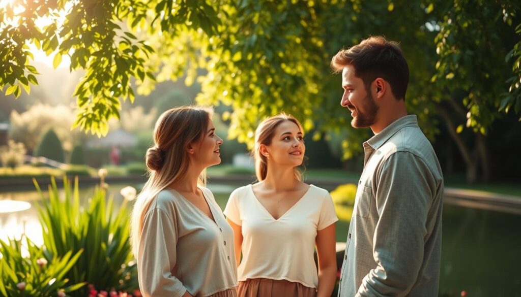 A serene scene depicting reconciliation love, featuring a beautiful Caucasian couple standing together in a tranquil garden. In the foreground, the couple, dressed in modest casual clothing, faces each other with warm, sincere expressions, symbolizing emotional connection and understanding. The middle ground showcases lush greenery and blooming flowers, bathed in soft, golden sunlight that filters through the leaves, creating a gentle dappled effect. In the background, a peaceful pond reflects the vibrant colors of the garden, adding a sense of harmony. The atmosphere is calm and uplifting, conveying a mood of hope and renewal. Capture this scene with a shallow depth of field to emphasize the couple, using a warm color palette to enhance the feeling of love and reconciliation.