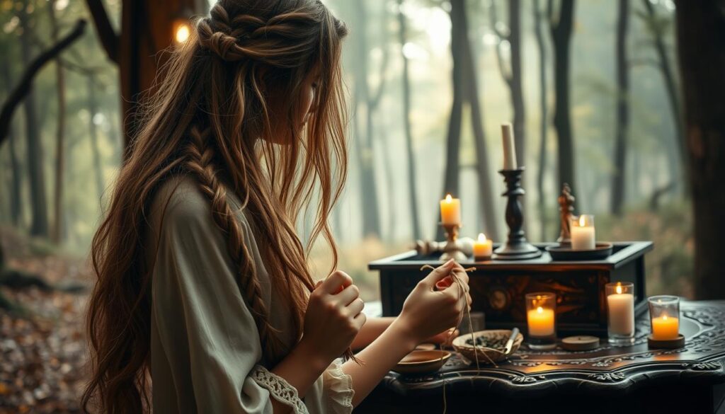 A serene scene depicting the art of binding hair, central to a love spell. In the foreground, a graceful Caucasian woman with long, flowing hair is gently weaving strands of her hair into intricate braids, her fingers delicately entwined with natural twine. She is wearing a modest, elegant dress, creating an air of mystical curiosity. In the middle ground, an ornate wooden table displays various items associated with spellwork, like candles and herbs, softly illuminated by warm, flickering candlelight. The background features an enchanting forest with ethereal light filtering through the trees, creating a dreamy atmosphere. The image should evoke a sense of calm and focused intention, captured from a slightly elevated angle to showcase both the binding process and the enchanting setting. A serene scene depicting the art of binding hair, central to a love spell. In the foreground, a graceful Caucasian woman with long, flowing hair is gently weaving strands of her hair into intricate braids, her fingers delicately entwined with natural twine. She is wearing a modest, elegant dress, creating an air of mystical curiosity. In the middle ground, an ornate wooden table displays various items associated with spellwork, like candles and herbs, softly illuminated by warm, flickering candlelight. The background features an enchanting forest with ethereal light filtering through the trees, creating a dreamy atmosphere. The image should evoke a sense of calm and focused intention, captured from a slightly elevated angle to showcase both the binding process and the enchanting setting.