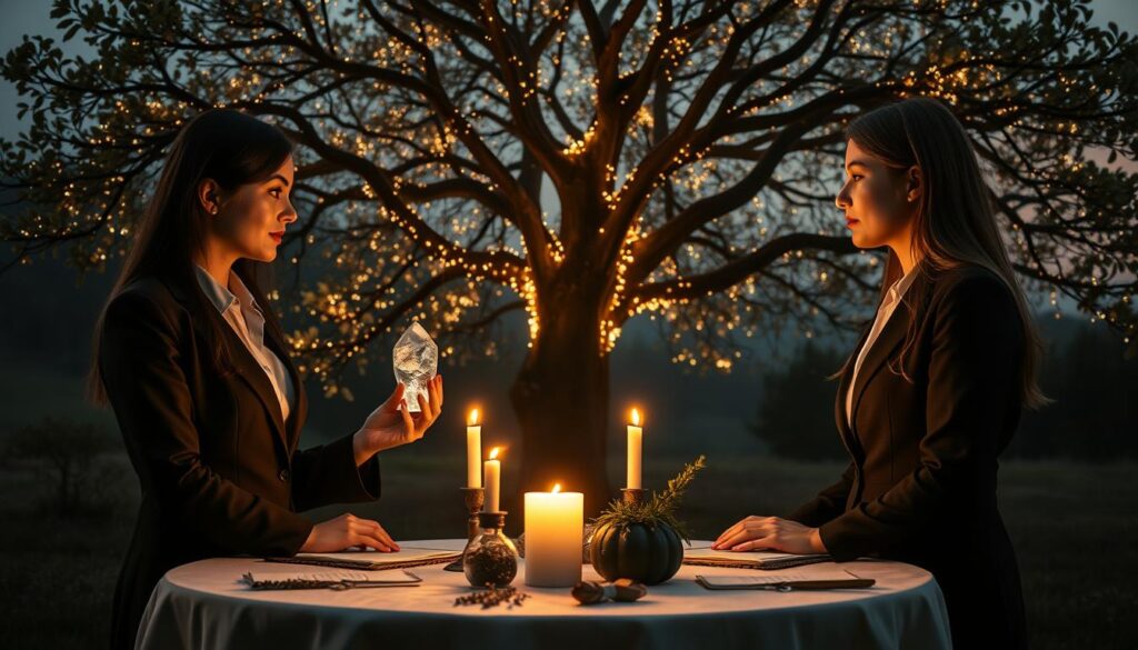 A serene scene depicting the concept of "ethical casting," featuring two beautiful Caucasian figures in professional business attire, engaged in a deep conversation. In the foreground, one figure holds a glowing crystal, symbolizing intention, while the other attentively listens, embodying consent and clarity. The middle ground showcases an elegant table adorned with candles, herbs, and parchment, representing the tools of magical practice. In the soft-lit background, a large, mystical tree stands with delicate leaves shimmering in the twilight, radiating a warm, inviting glow. The atmosphere is calm and introspective, evoking a sense of respect and purpose in their actions. The lighting is soft and warm, captured with a 50mm lens to create a harmonious depth, emphasizing the connection between the individuals and the essence of ethical magic.