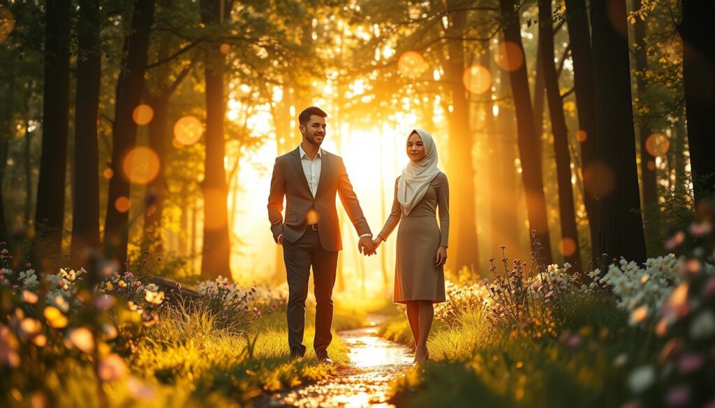 A serene scene depicting the concept of "ethical love intention," featuring two diverse Caucasian figures standing in a lush forest, surrounded by soft, glowing orbs of light. The foreground shows the figures holding hands, their expressions embodying kindness and understanding. The middle ground includes a small, sparkling stream reflecting the warm sunlight, while flowers bloom vibrantly around them. In the background, tall trees create a canopy that filters golden sunlight, filling the atmosphere with warmth and tranquility. The image should have a soft focus with a slight bokeh effect, capturing an enchanting and hopeful mood. Use natural lighting to enhance the feelings of peace and connection, and ensure both figures are dressed in modest, professional attire.