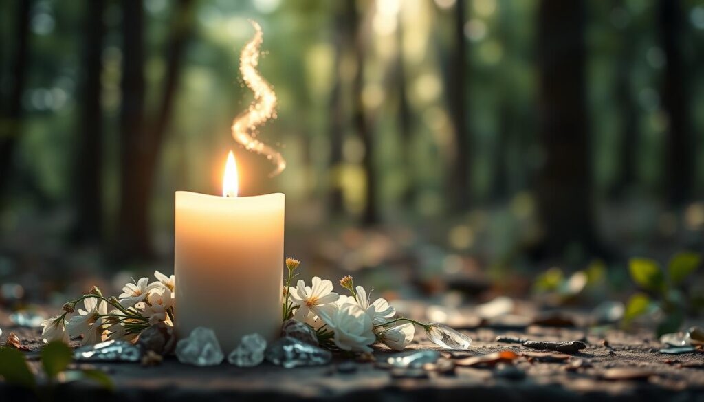 A serene scene depicting the concept of "white magic" in a mystical forest setting. In the foreground, a beautifully crafted white candle surrounded by delicate flowers and crystals, emitting a soft, warm glow. The middle ground features a gentle stream of shimmering light that spirals upwards, symbolizing the positive energy of love and intention. In the background, a soft, ethereal light filters through the trees, creating a tranquil and inviting atmosphere. The mood is uplifting and peaceful, suggesting harmony and positive transformation. The scene is shot with a slight depth of field, focusing on the candle and flowers, with a bokeh effect in the background. Soft, natural lighting enhances the enchanting feel of the image.