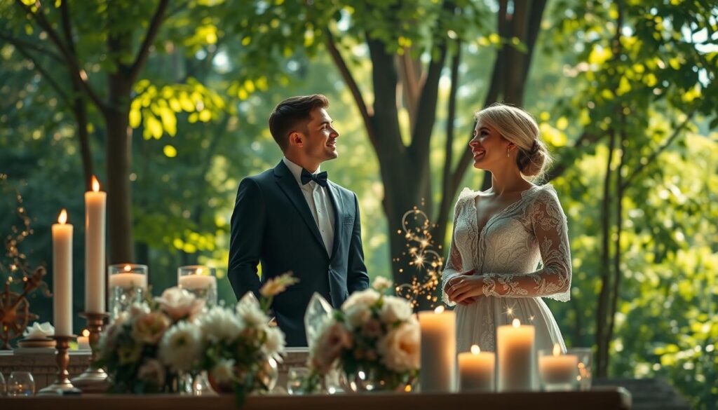 A serene scene depicting the essence of white magic attraction. In the foreground, a beautifully adorned altar with shimmering crystals, white candles, and intricate floral arrangements exuding positive energy. The middle ground features a pair of elegantly dressed Caucasian figures, a man and a woman, engaged in a thoughtful conversation, their expressions radiating warmth and connection. They are surrounded by gentle swirling light patterns and soft magical sparkles that symbolize love and attraction. The background showcases a tranquil forest with dappled sunlight filtering through lush green leaves, creating a dreamy and enchanting atmosphere. The lighting is soft and warm, featuring a slight golden hue, capturing an aura of positivity and hope. The angle is slightly elevated, offering a clear view of the magical scene unfolding, emphasizing the beauty of white magic.