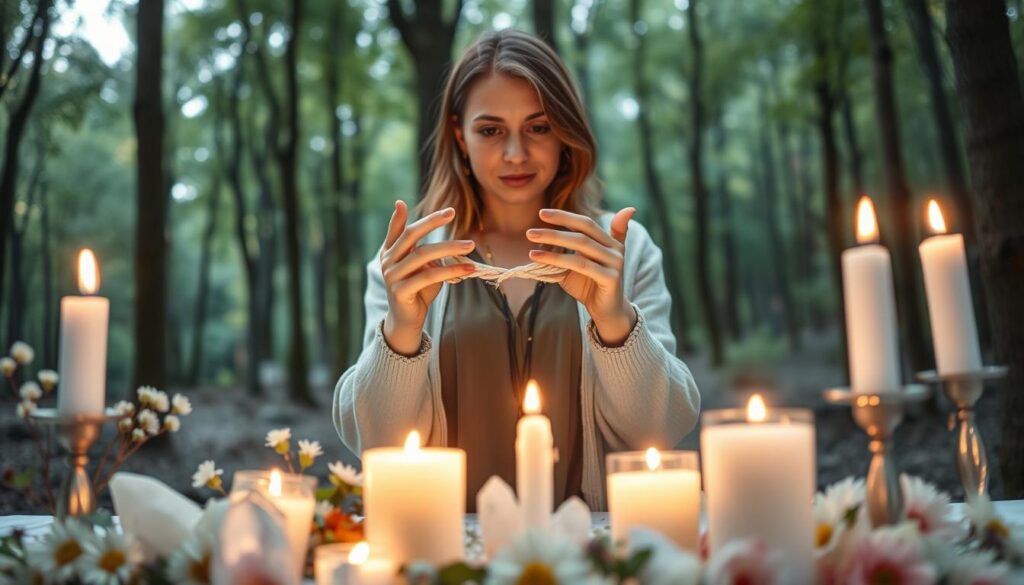 A serene scene depicting the essence of white magic, focusing on a beautifully adorned altar in the foreground, featuring vibrant white candles, delicate crystals, and fresh flowers arranged harmoniously. In the middle, a wise Caucasian woman in modest casual attire performs a love binding spell, her hands gracefully gesturing above a glowing woven cord that symbolizes connection. The background reveals an enchanting forest with soft, ethereal lighting filtering through the trees, casting gentle shadows. The atmosphere is tranquil and mystical, evoking a sense of hope and purity. The lens captures an intimate angle, emphasizing the woman's focused expression and the magical glow of the spell, creating an inviting ambiance that draws viewers into the enchanting world of white magic.