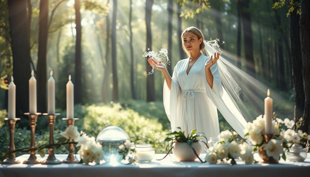 A serene scene depicting the essence of white magic, focusing on a beautifully adorned altar in the foreground, featuring white candles, a crystal ball, and fresh white flowers arranged artfully. In the middle ground, a graceful Caucasian woman dressed in elegant, flowing white robes is softly casting a spell, her hands delicately raised, conjuring shimmering, ethereal light. In the background, a tranquil forest glade is bathed in gentle, dappled sunlight filtering through the trees, creating an enchanting atmosphere. The overall mood is peaceful and uplifting, evoking feelings of love and harmony. Use soft, warm lighting to highlight the subjects, captured from a slightly low angle to emphasize the magical elements and create a sense of wonder.
