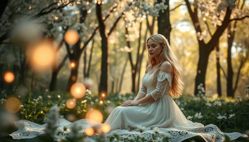 A serene scene depicting the essence of "white magic love," featuring two beautiful Caucasian figures standing in a lush, enchanted forest. In the foreground, they are seated on a delicate, ornate blanket, surrounded by soft white flowers and glowing orbs of light that symbolize love and purity. The middle ground showcases ethereal, flickering wisps of energy swirling around them, emanating warmth and tranquility. In the background, tall trees with silver leaves filter soft, dappled sunlight, casting a gentle glow over the scene. The mood is romantic and mystical, with a sense of harmony and connection between the two figures. Use soft focus, warm lighting effects, and a slightly elevated angle to enhance the enchanting atmosphere, making it inviting and captivating.