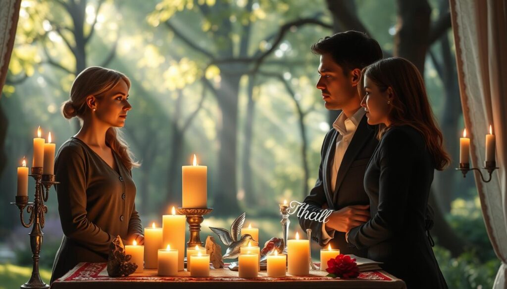 A serene scene depicting the ethical aspects of love magic, centered on a beautifully designed altar adorned with candles and crystals that radiate gentle, warm light. In the foreground, two Caucasian figures, dressed in modest, professional attire, are engaged in a respectful conversation, their expressions thoughtful and intent. The middle ground features an array of symbols representing free will and positive intentions, such as intertwined hearts and fluttering doves. The background is a tranquil forest glen, bathed in soft, dappled sunlight filtering through the trees, creating an ethereal atmosphere that evokes peace and contemplation. The overall mood conveys harmony and respect, emphasizing the importance of ethical considerations in love magic.