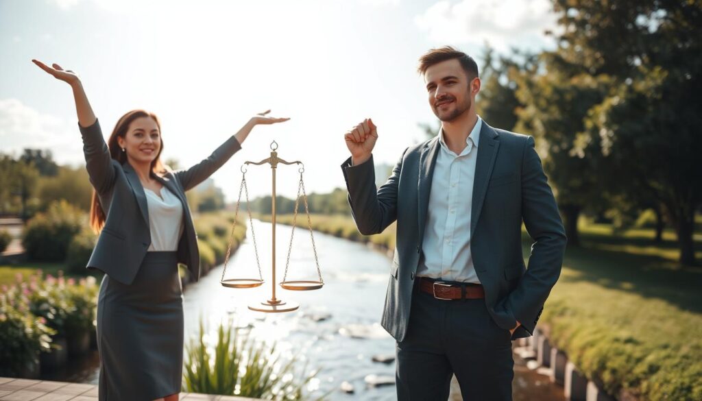 A serene scene depicting the theme of maintaining balanced relationships. In the foreground, a beautiful Caucasian woman, clad in professional attire, stands confidently with arms raised, embodying the balance of emotions and respect. Next to her, a Caucasian man in smart casual clothing holds a symbolic set of scales, representing boundaries. The middle ground features a gentle river flowing through a lush garden, signifying harmony. The background showcases a bright, sunny sky with soft clouds, creating a peaceful atmosphere. Warm lighting highlights the subjects, casting gentle shadows. The composition is shot from a low angle to emphasize the connection between the figures and their surroundings, evoking feelings of tranquility and respect in relationships.