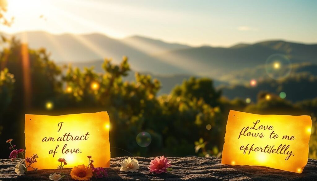 A serene scene depicting three vibrant affirmations written elegantly on luminous parchment sheets, each glowing with a soft, ethereal light. In the foreground, the affirmations read “I attract love,” “I am worthy of love,” and “Love flows to me effortlessly.” They are surrounded by delicate flowers and floating orbs of light, symbolizing positivity. The middle ground features a calm, enchanting natural setting, perhaps a mystical forest or a tranquil garden, with soft rays of sunlight filtering through the leaves, creating a dreamy atmosphere. In the background, gentle hills rise under a bright, clear sky, enhancing the sense of tranquility. The overall mood is uplifting and magical, inviting feelings of empowerment and self-love, captured with a warm, inviting light to inspire and energize.