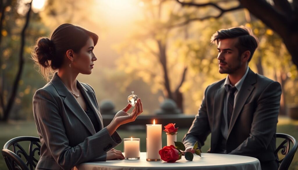 A serene scene depicting two beautiful Caucasian figures engaged in a thoughtful discussion about love and ethics. In the foreground, a woman in a professional business attire holds a crystal pendant symbolizing love and responsibility, while a man in a smart casual outfit listens attentively, his expression reflecting understanding. The middle ground features a softly glowing table adorned with candles and a blooming rose, representing the balance between love and free will. In the background, a tranquil nature setting unfolds, with gentle sunlight filtering through the trees, casting a warm, inviting light. The atmosphere is calm and introspective, evoking a sense of respect for the practice of love magic. The composition captures a thoughtful interaction, emphasizing consent and moral responsibility.