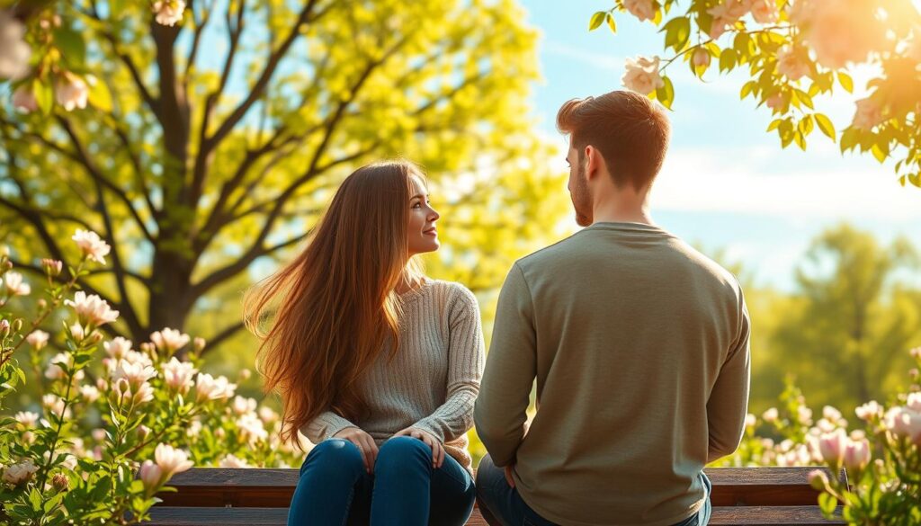 A serene scene depicting two beautiful Caucasian figures, one with long flowing hair and the other with a neat short haircut, engaged in an intimate and warm moment of connection. In the foreground, they are seated on a comfortable bench in a lush, sunlit park, surrounded by blooming flowers symbolizing growth and love. The middle ground features vibrant green trees and soft, colorful blooms, while the background shows a clear blue sky with gentle wisps of clouds. Soft, warm lighting filters through the leaves, creating a cozy atmosphere. The figures wear modest casual clothing, embodying a sense of comfort and approachability. The mood is peaceful and affectionate, illustrating the depth of sustaining love and emotional connection.