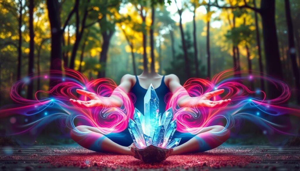 A serene scene depicting two beautiful Caucasian figures seated cross-legged in a peaceful environment, surrounded by a vibrant aura representing energy connection and chakra alignment. The foreground features their outstretched hands, emitting radiant energy, illustrated with swirling colors of roses and deep blues, symbolizing love and attraction. In the middle ground, crystal-like structures emerge, refracting light and enhancing the ethereal atmosphere. The background consists of a lush, tranquil forest bathed in soft, golden lighting, gently filtering through the trees. The mood is calm and harmonious, evoking a sense of deep connection and spiritual bonding. The image should have a slight blur effect to create depth, reminiscent of a wide-angle lens capturing the essence of energy and attraction.