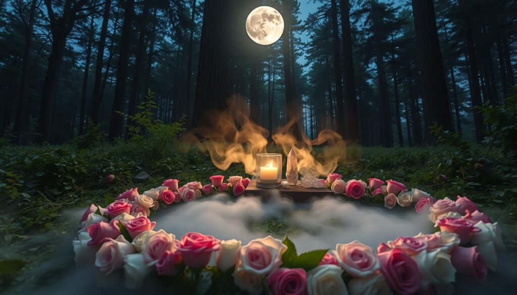 A serene scene featuring a beautiful new moon illuminated by soft, silvery light, casting gentle reflections on a lush green forest floor. In the foreground, an intricate circle of fresh, vibrant roses in various shades of pink and white surrounds the base of a small altar adorned with delicate crystals and candles. In the middle ground, ethereal mist swirls gently around the roses and altar, enhancing the mystical atmosphere. The background displays tall, ancient trees silhouetted against the night sky, their leaves rustling softly. A soft, dreamlike glow envelops the scene, inviting a sense of tranquility and new beginnings. The composition is shot at a slight upward angle to capture the moon above, creating a sense of wonder and hope.