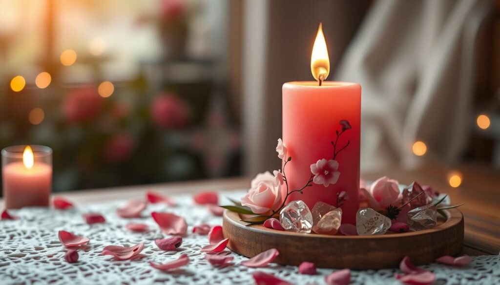 A serene scene featuring a beautifully crafted pink candle, adorned with delicate floral accents, resting on a wooden altar. The candle is surrounded by shimmering crystals and small rose petals, creating an enchanting atmosphere. Soft candlelight casts a warm glow, illuminating a white lace fabric beneath. In the background, suggestive hints of a softly blurred garden setting with ethereal bokeh lights add a magical touch. The overall mood is romantic and inviting, perfect for a love spell ritual. The image is captured with a warm, diffused lighting effect, emphasizing the candle's gentle glow, and presented at a slightly elevated angle to showcase the intricate details. The composition should evoke feelings of tranquility and love, without any human figures present.