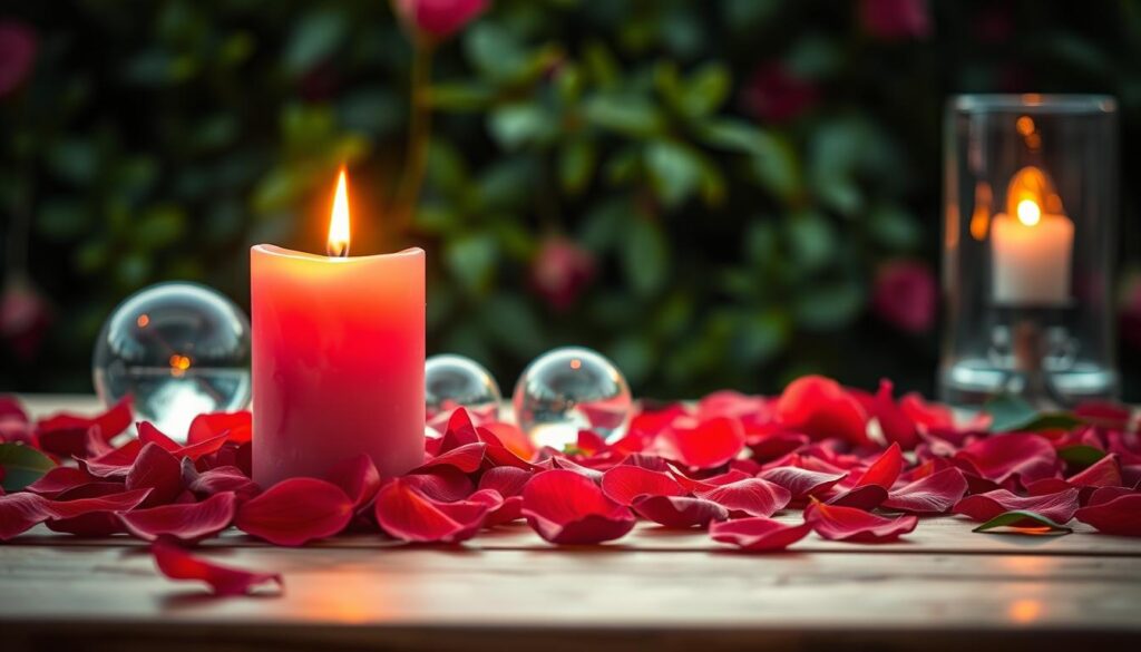 A serene scene featuring a pink candle surrounded by an array of vibrant rose petals on a softly illuminated wooden table. In the foreground, the candle glows warmly, casting a gentle flickering light that enhances the atmosphere of intimacy and attraction. The middle ground showcases delicate crystal orbs reflecting the candlelight, adding a touch of magic to the composition. In the background, a softly blurred lush greenery creates an enchanting and romantic setting. The overall mood is tranquil and inviting, suggestive of a calming love spell ritual. Soft shadows enhance the depth, while natural golden hour lighting bathes the scene in a warm glow, evoking feelings of connection and love.