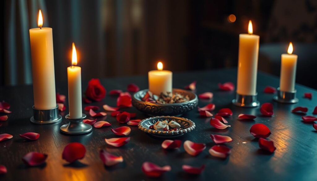 A serene scene featuring a softly lit table adorned with glowing candles and scattered rose petals. In the foreground, three elegantly arranged candles, each varying in height, flicker gently, casting warm, golden light against a dark, wooden surface. Delicate rose petals in shades of deep red and soft pink are strewn around the candles, creating a romantic and inviting atmosphere. In the middle, a small, ornate dish holds a few herbs and crystals, enhancing the magical theme. The background is softly blurred, showcasing hints of a dimly lit room with gentle shadows, enhancing the feeling of intimacy and mystery. The overall mood is tranquil, reflective, and enchanting, ideal for a love spell setting.