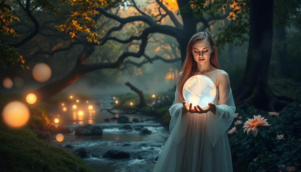 A serene scene in a mystical forest, where a beautiful Caucasian woman in a flowing, ethereal gown is gently casting a love spell. In the foreground, she holds a crystal orb shimmering with soft, pastel colors symbolizing love, respect, and ethical magic. Her expression is focused yet peaceful, reflecting inner strength and compassion. Surrounding her are glowing orbs of light and lush, vibrant flowers that symbolize consent and positive intentions. In the middle ground, a tranquil stream flows with gentle ripples, and ancient trees arch gracefully, their leaves softly illuminated by warm, golden lighting that creates an inviting atmosphere. The background features soft layers of mist, enhancing the ethereal quality of the scene. The mood is uplifting and harmonious, capturing the essence of ethical love magic.