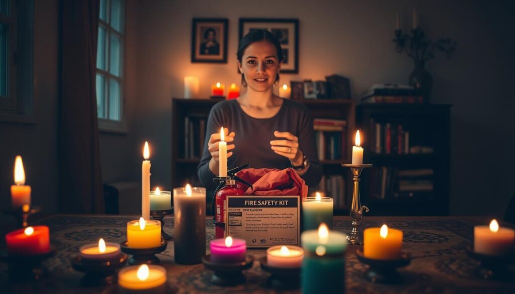 A serene scene in a well-lit, cozy room dedicated to fire safety during a candle ritual. In the foreground, a beautifully arranged setup of colorful, lit candles in safe holders, illuminating the space with warm, soft light. Centered is a neatly organized fire safety kit, including a small fire extinguisher and a fire blanket, conveying responsible magic practices. In the middle ground, a professional woman dressed in modest casual clothing demonstrates safe candle placement, her expression focused and calm. In the background, a subtle bookshelf filled with books on magic and safety. The mood is tranquil yet informative, with gentle shadows and highlights enhancing the atmosphere, captured at eye level with a soft focus to emphasize the subject matter.