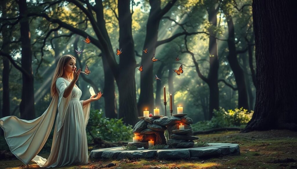 A serene scene set in a mystical forest, where a beautiful Caucasian woman dressed in a flowing, modest gown is casting a love spell. In the foreground, she holds a glowing crystal in one hand, while her other hand gestures with delicate precision, surrounded by vibrant, fluttering butterflies. In the middle, a small altar made of natural stones is adorned with candles and fragrant herbs, softly illuminating the area. The background features tall, ancient trees with dappled sunlight streaming through the leaves, creating an ethereal glow. The atmosphere is enchanting and peaceful, evoking a sense of wonder and magic. The image is captured with a warm, soft focus, enhancing the dreamy feel, as if inviting the viewer into this captivating moment.