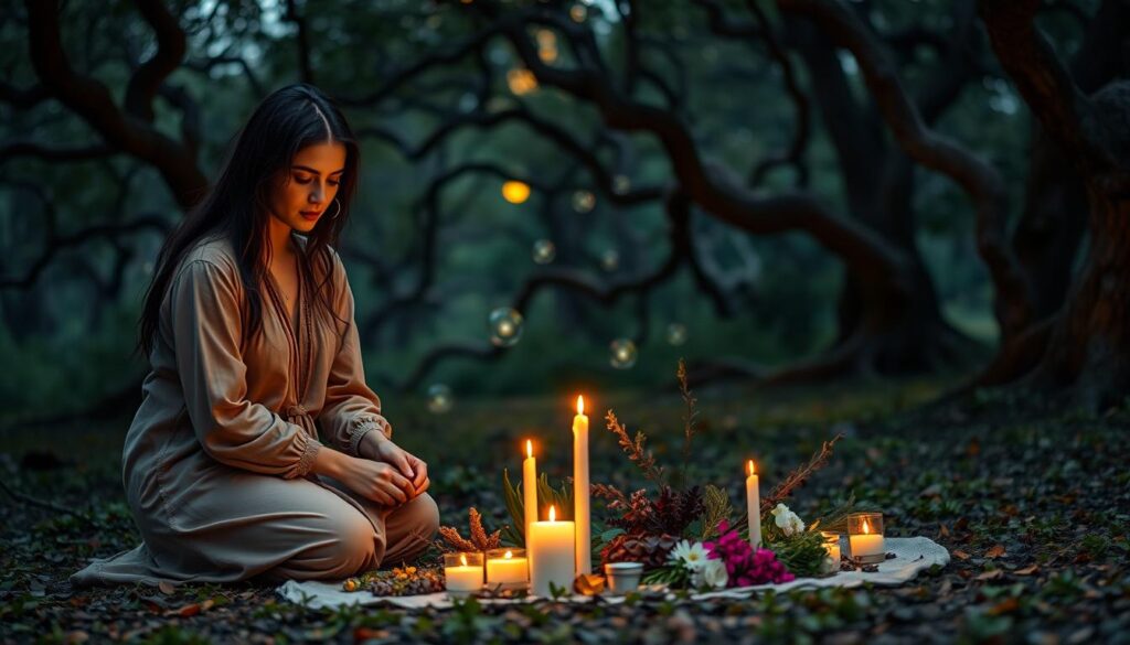 A serene scene set in a softly-lit, enchanting forest clearing at twilight. In the foreground, a beautiful Caucasian woman wearing modest, flowing attire kneels, delicately arranging colorful herbs and candles in a circle, symbolizing love and intention. Her expression is one of focus and hope, embodying the essence of spellwork. In the middle ground, mystical, translucent orbs of light hover subtly above the arrangement, hinting at the presence of magical energy. The background features ancient trees with twisting branches, their leaves glowing faintly under the moonlight, creating an atmosphere of mystique and wonder. The lighting is warm yet dim, casting gentle shadows and enhancing the dreamlike quality of the scene, inviting viewers to reflect on the complexity of emotions and the intangible nature of love spells.