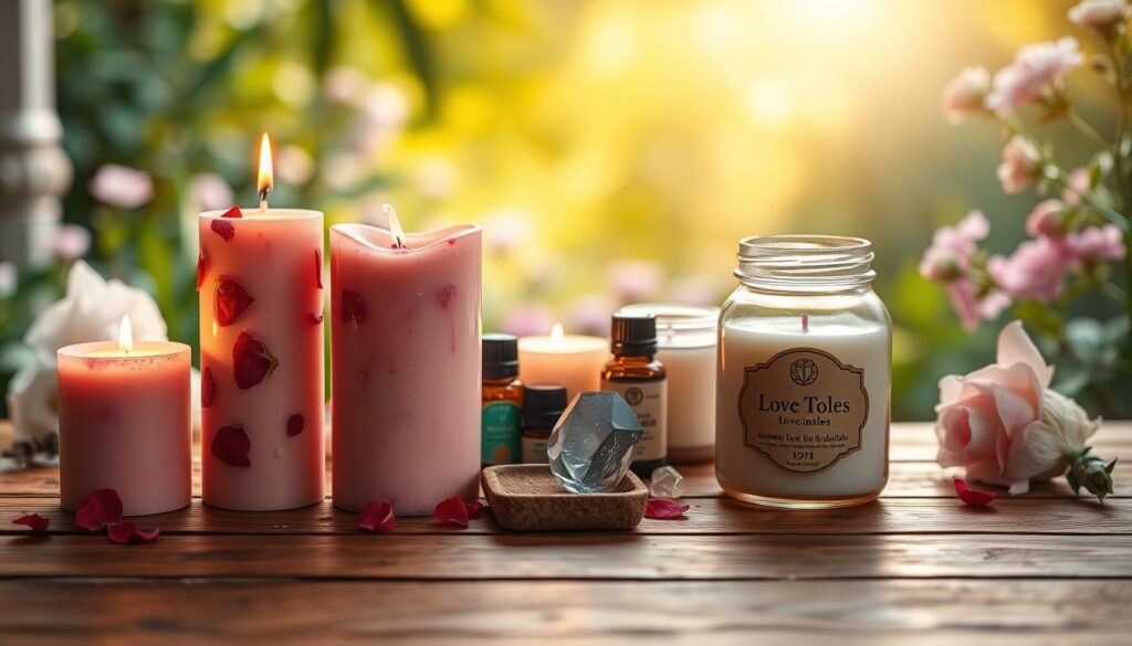 A serene scene showcasing a beautifully arranged collection of colorful love spell candles on a wooden table. In the foreground, three candles in various shapes and sizes—one heart-shaped, one pillar, and one jar candle—each adorned with natural elements like rose petals and herbs. In the middle, a softly glowing candlelight illuminates delicate crystals and essential oil bottles meant for attracting love and positivity. The background features a softly blurred garden setting with gentle greens and blooming flowers, creating a tranquil atmosphere. The lighting is warm and inviting, casting a cozy golden hue across the scene, while the angle highlights the enchanting details of the candle designs. Overall, the image conveys a sense of calm, hope, and the magic of love spells.