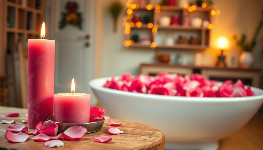 A serene scene showcasing a pink candle spell. In the foreground, a beautifully crafted pink candle, its flame gently flickering, surrounded by delicate rose petals scattered on a small wooden table. Gradually blending into the middle ground, a softly focused, ethereal rose bath overflowing with fresh roses, their vibrant colors reflecting the warm light. In the background, a softly blurred, inviting room with warm golden ambient lighting that enhances the tranquil atmosphere, perhaps a shelf adorned with crystals and herbal jars. The scene conveys a sense of calmness and romantic energy, perfect for love spells. Use a shallow depth of field to emphasize the candle and petals, capturing a magical, enchanting mood.