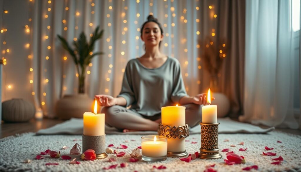 A serene self-love candle ritual set in a cozy, softly lit room. In the foreground, a beautifully arranged altar features a warm, flickering candle surrounded by delicate rose petals, healing crystals, and a small ornate bowl filled with essential oils. The middle ground shows a peaceful Caucasian woman in modest, comfortable attire sitting cross-legged on a plush rug, her eyes closed in meditation as she radiates a sense of serenity and empowerment. In the background, gentle fairy lights hang, casting a golden glow, with soft, flowing curtains filtering the evening light. The atmosphere is tranquil and inviting, evoking feelings of warmth, self-acceptance, and magnetism. The photo is taken from a slightly elevated angle, providing a holistic view of the ritual space, with a focus on the warmth and comfort of the scene.
