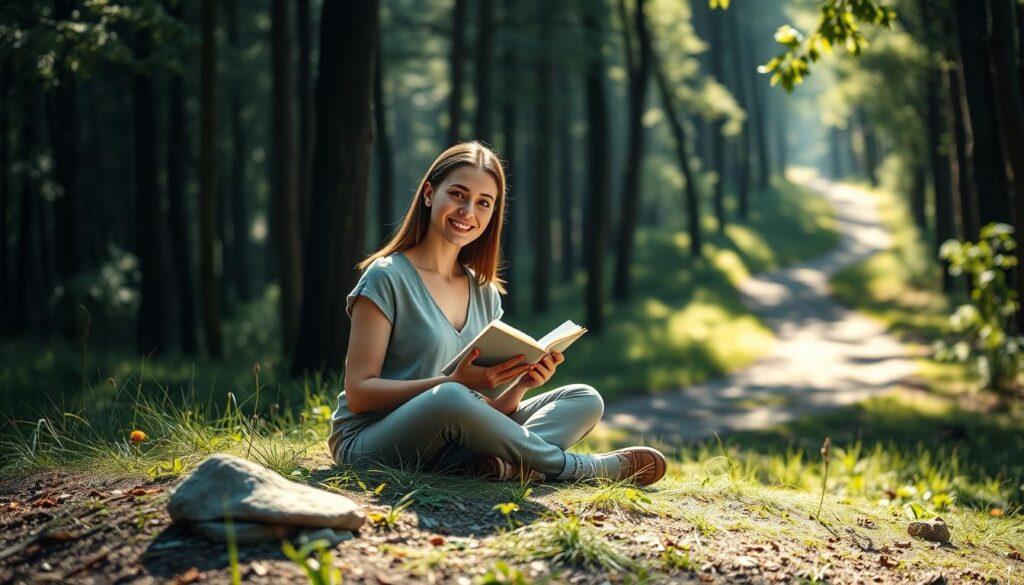 A serene self-love journey scene unfolds in a tranquil forest setting. In the foreground, a beautiful Caucasian woman sits cross-legged on a soft patch of grass, dressed in modest casual clothing, radiating peace and contentment as she writes in a journal. Her expression reflects deep introspection and joy. In the middle ground, gentle sunlight filters through the trees, creating dappled light patterns on the ground, illuminating stones and flowers that symbolize growth and healing. In the background, a winding path leads deeper into the forest, inviting viewers to join her on this journey of self-discovery. The mood is calm and reflective, evoking a sense of empowerment and inner peace. Capture this scene with soft, natural lighting and a slight lens blur to emphasize the subject's connection with her environment.