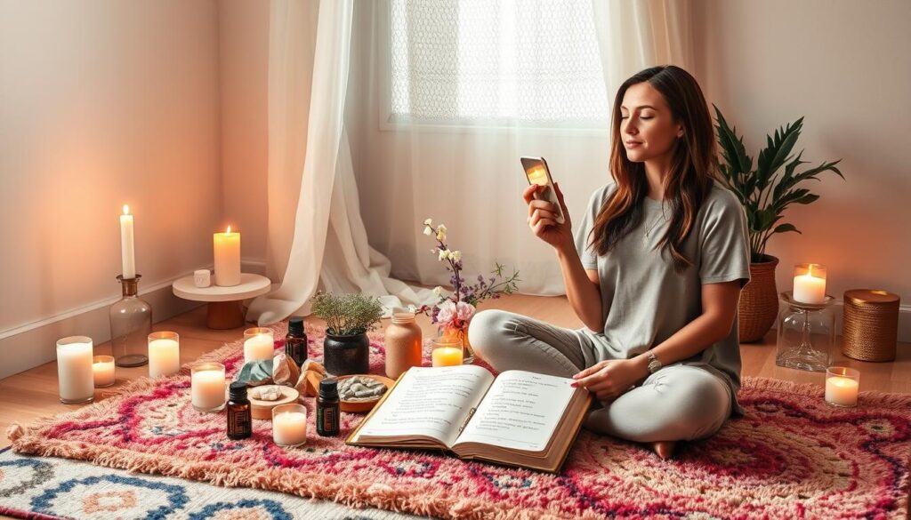 A serene self-love ritual scene set in a softly lit, cozy room. In the foreground, a beautiful Caucasian woman sits cross-legged on a plush, colorful rug, wearing modest casual clothing. She holds a small mirror, gazing at her reflection with a peaceful expression, surrounded by flickering candles and a variety of crystals that radiate positive energy. In the middle, a table adorned with fresh flowers, essential oils, and an open journal filled with affirmations creates an intimate ambiance. The background features gentle, pastel-colored walls and a window adorned with lace curtains, allowing soft, warm sunlight to filter in, enhancing the tranquil atmosphere. The overall mood is inviting, encouraging self-reflection and self-love, embodying the essence of attracting healthy relationships through personal empowerment.