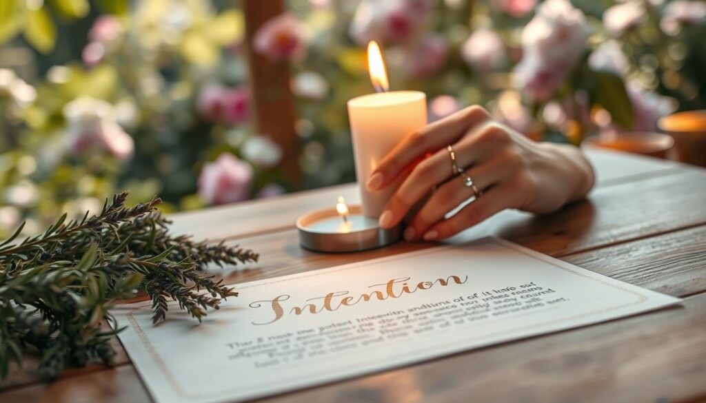 A serene setting featuring a beautifully crafted intention petition on a wooden table. In the foreground, the petition is adorned with elegant, flowing script written in gold ink, surrounded by fragrant herbs like lavender and rosemary. In the middle, a pair of delicate hands, adorned with simple silver rings, are gently holding a lit candle, casting warm, flickering light over the scene. The background reveals a soft-focus outdoor garden with blooming flowers, dappled sunlight filtering through leaves, creating a tranquil and magical atmosphere. The overall mood is peaceful and enchanting, evoking a sense of purpose and clarity in setting intentions. The image should capture this scene with a cozy depth of field, accentuating the contrast between the detailed foreground and the softly blurred background, promoting a feeling of focus and tranquility.