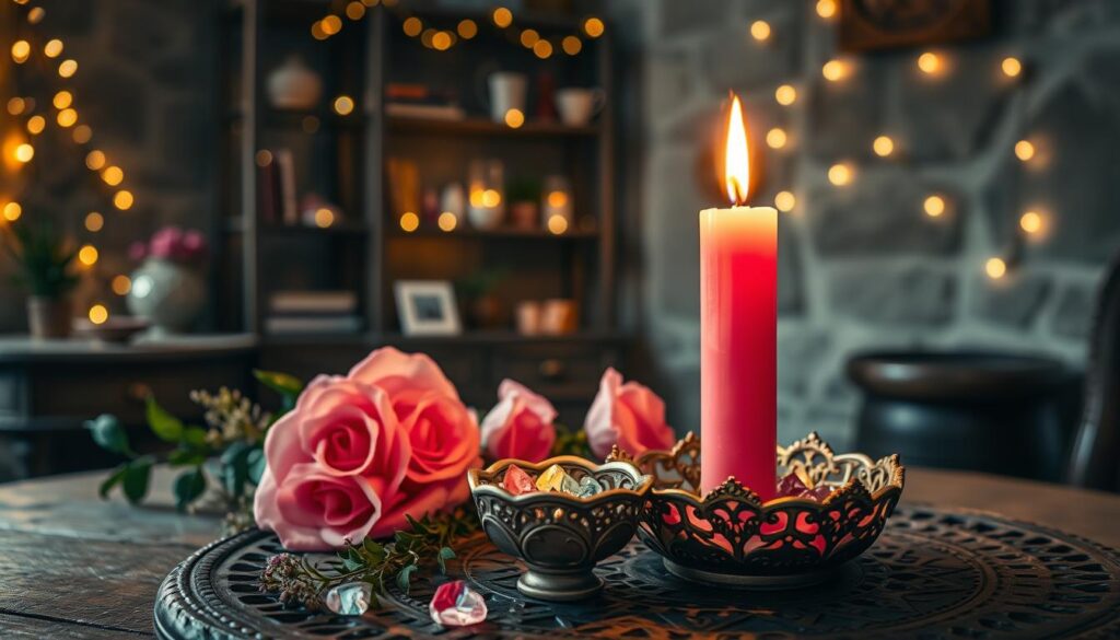 A serene setting featuring a glowing pink candle, symbolizing love, placed on an intricately designed wooden table surrounded by fresh pink roses and delicate herbs associated with love spells. In the foreground, the soft flicker of the candlelight illuminates a small ornate bowl with colorful crystals, reflecting the warm ambiance. The middle ground displays a cozy room with softly blurred shelves filled with magical items and softly glowing fairy lights, creating an enchanting atmosphere. In the background, gentle shadows play against a textured wall, enhancing the mystical feel. The overall mood is calming and romantic, evoking feelings of peace and love. The image is captured using a warm light source, with a shallow depth of field to emphasize the focus on the candle and surrounding elements.