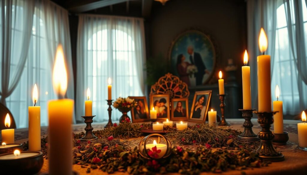 A serene setting for a ritual featuring seven lit candles arranged in a circular pattern. In the foreground, a close-up of the candles flickering gently with warm golden light, creating a soft glow. The middle ground showcases a beautiful, ornate altar with photographs of loved ones enclosed in decorative frames. A delicate layer of herbs and flowers spills gracefully around the altar, enhancing the mystical atmosphere. In the background, a softly lit room with dark wooden beams and rich, deep colors adds to the spiritual ambiance. Light filters through sheer curtains, casting soft shadows and adding depth. The overall mood is enchanting and inviting, perfect for a love spell ritual.