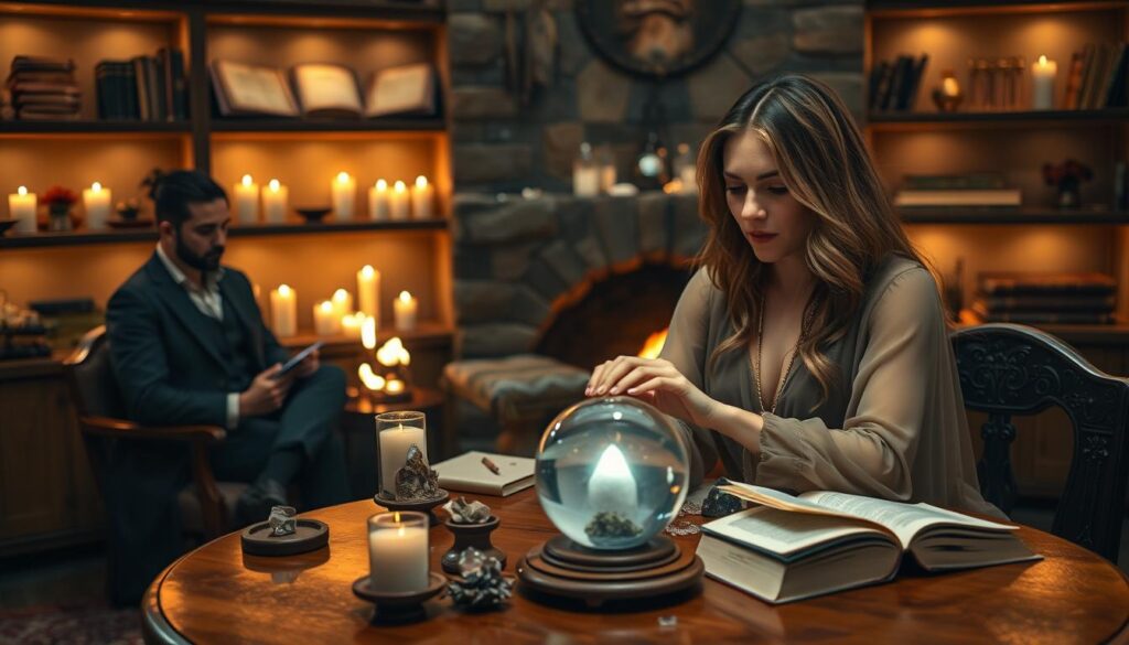 A serene setting for a spell caster consultation, featuring a beautiful Caucasian woman in a flowing, elegant dress seated at a round wooden table adorned with mystical items like crystals, candles, and open spell books. In the foreground, she focuses intently on a crystal ball, her fingers delicately tracing its surface. The middle ground includes a well-dressed male client, looking intrigued and engaged, wearing a smart casual outfit, as he takes notes. The background showcases softly glowing shelves filled with ancient tomes and herbs, enhancing the magical atmosphere. Warm, ambient lighting casts gentle shadows, creating an inviting and mystical mood, perfect for intimate discussions about love spells. A cozy fireplace flickers subtly in the distance, adding to the enchanting ambiance.